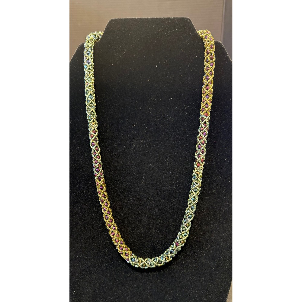 Handmade Beaded Rope Necklace Teal Purple Gold Iridescent Woven Toggle Boho Art